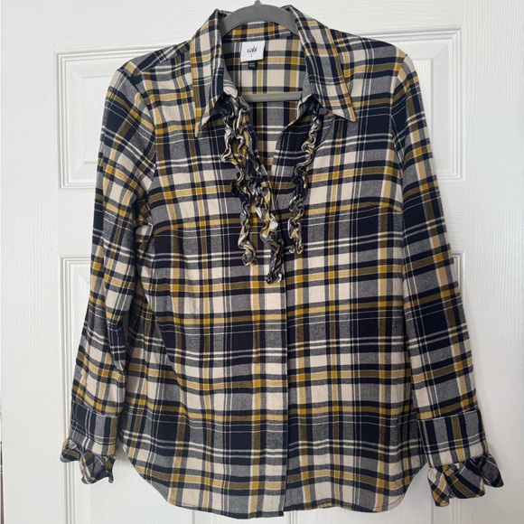 Cabi Seattle shirt Plaid Ruffle Women's Top - Navy and Yellow - Picture 2 of 3